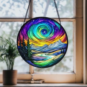 Handmade Stained Glass Aurora Borealis Suncatcher: Northern Lights Window Decor