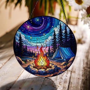 Camping Suncatcher: Campfire Night Window Hanging, Outdoor Adventure Decor
