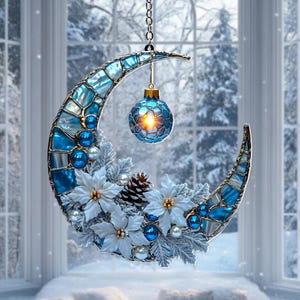 Winter Crescent Moon Acrylic Suncatcher – Faux Stained Glass Christmas Ornament 2025, Blue Silver Holiday Window Hanging Gift
