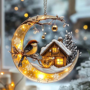 Winter Birds Acrylic Suncatcher - Stained Glass Moon Window Hanging - Cozy Christmas Home Decor - Gift For Her Or Mom