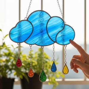 Personalized Stained Glass Cloud Suncatcher, Rainbow Raindrops, Nursery Decor
