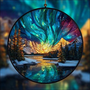 Aurora Borealis ACRYLIC Suncatcher, Faux Stained Glass Window Hanging with River, Pines, and Starry Mountain Sky, Nature Gift, Landscape